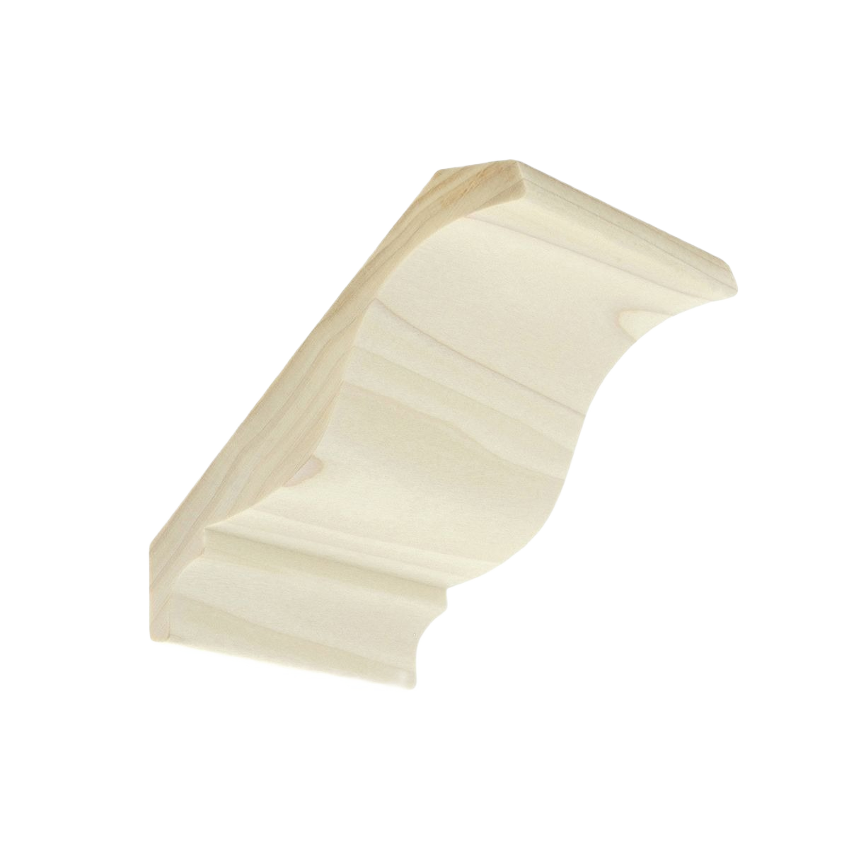 Light natural poplar wood crown moulding piece with smooth curved profile for home improvement projects