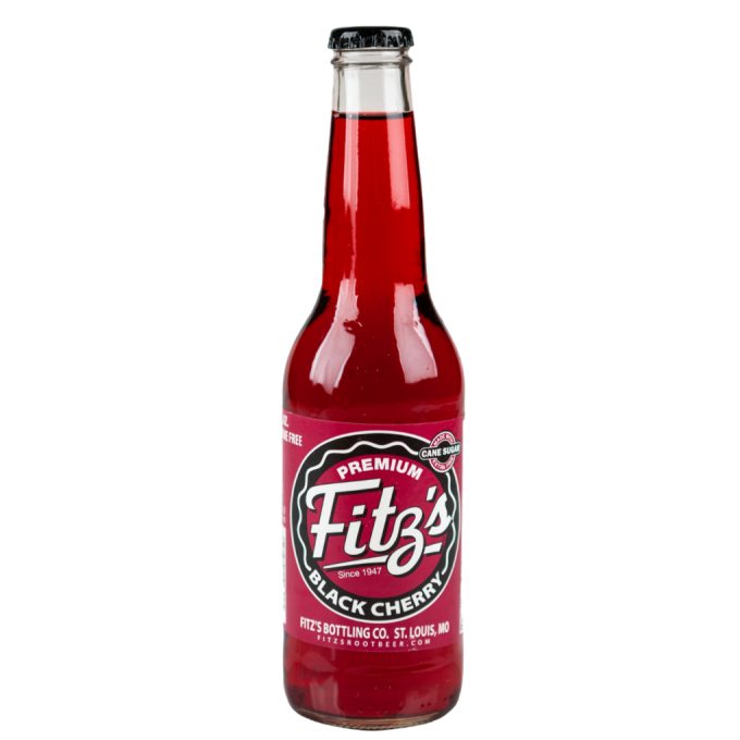 Glass bottle of premium black cherry soda with red liquid and vintage style label in food and beverage collection