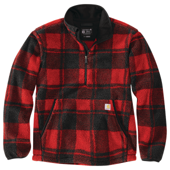 Red and black plaid fleece pullover with quarter zip and loose fit in men’s outerwear and clothing collections