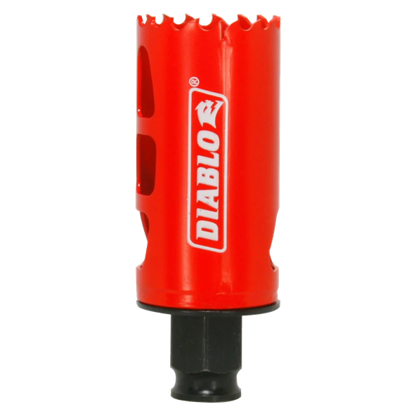 Red metal hole saw with sharp teeth and Diablo branding, a woodworking tool under $50 for home improvement use