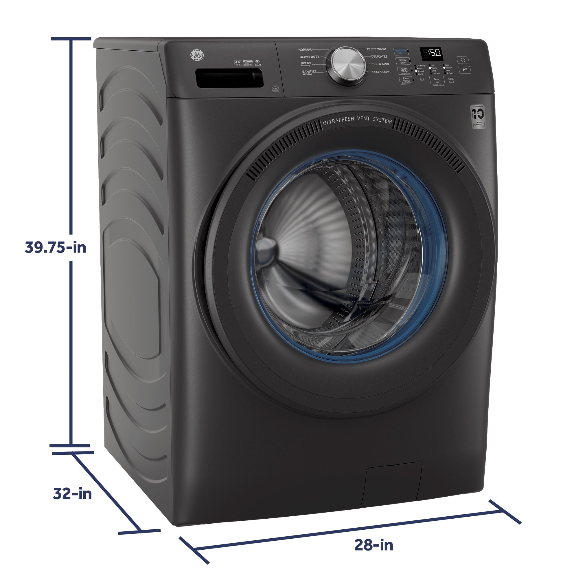 Dark gray front load washer with clear door and digital control panel from front load washers collection