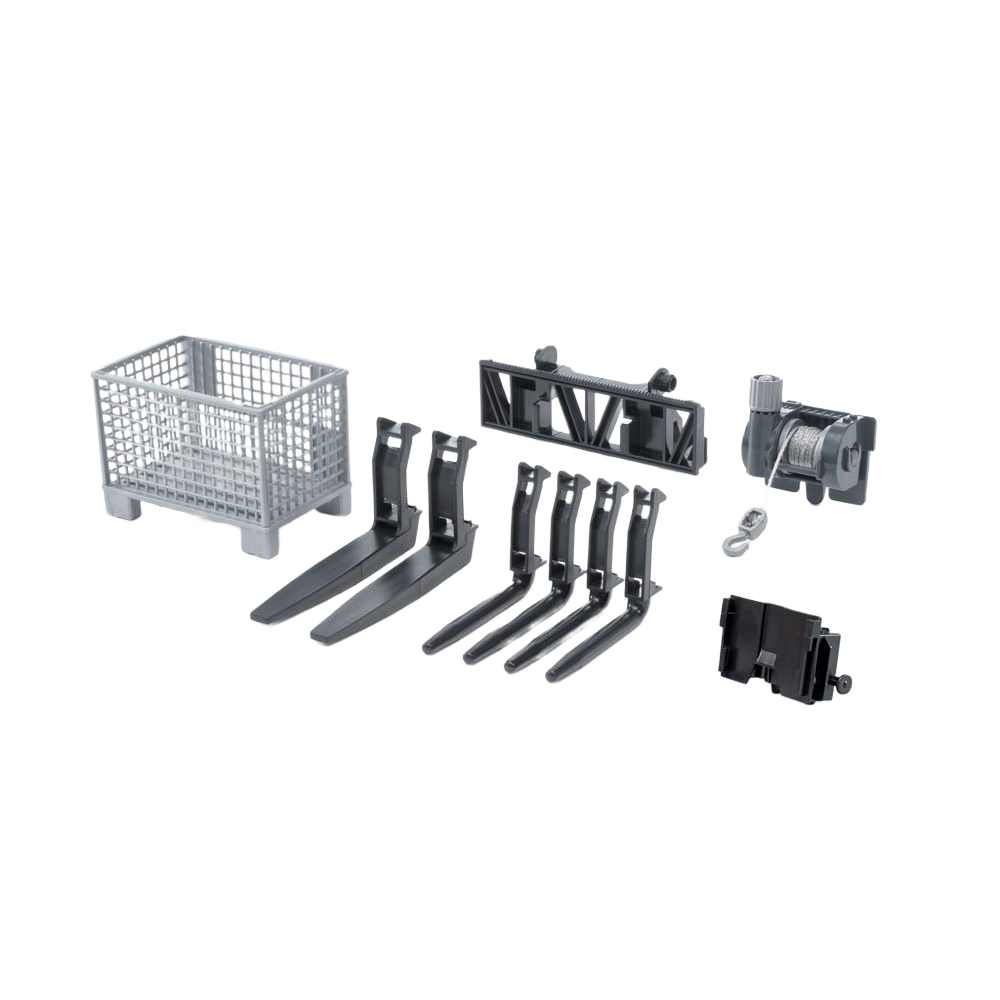 Set of gray plastic toy accessory parts including a cable winch, fork attachments, and basket for front-loader play set