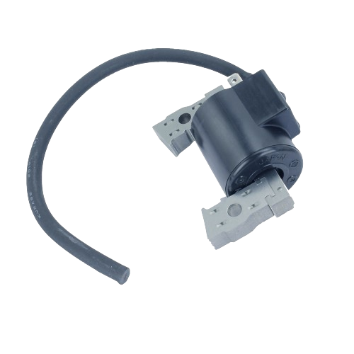 Black electrical coil with wire and mounting brackets for automotive and tractor engine replacement parts collections