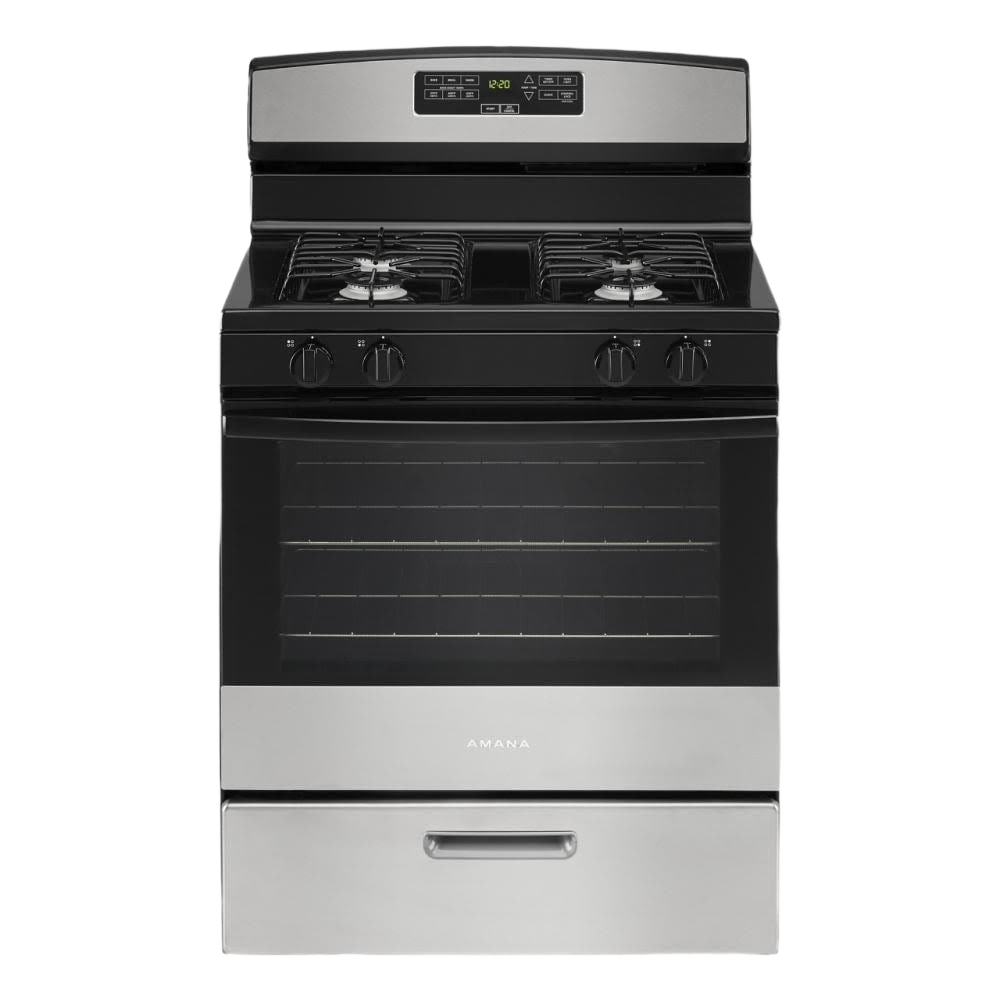 Freestanding 30-inch stainless steel gas range with four burners and digital control panel for kitchen appliances collections