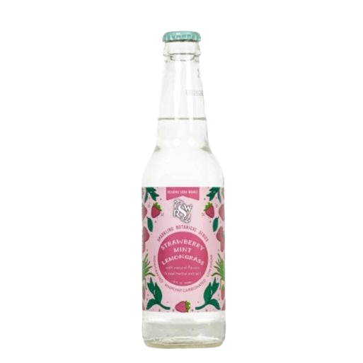 Clear glass bottle of strawberry mint sparkling botanical water with pink label and green leaf accents