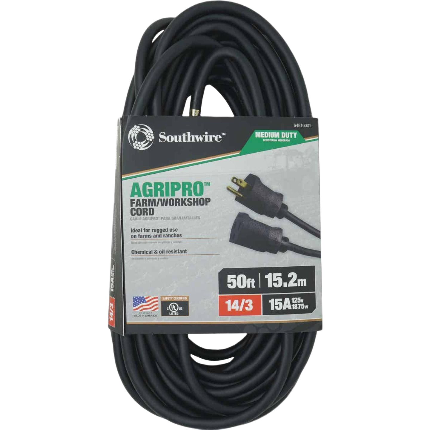 Black medium-duty 50-foot farm extension cord with copper wire for electrical and home improvement tools.