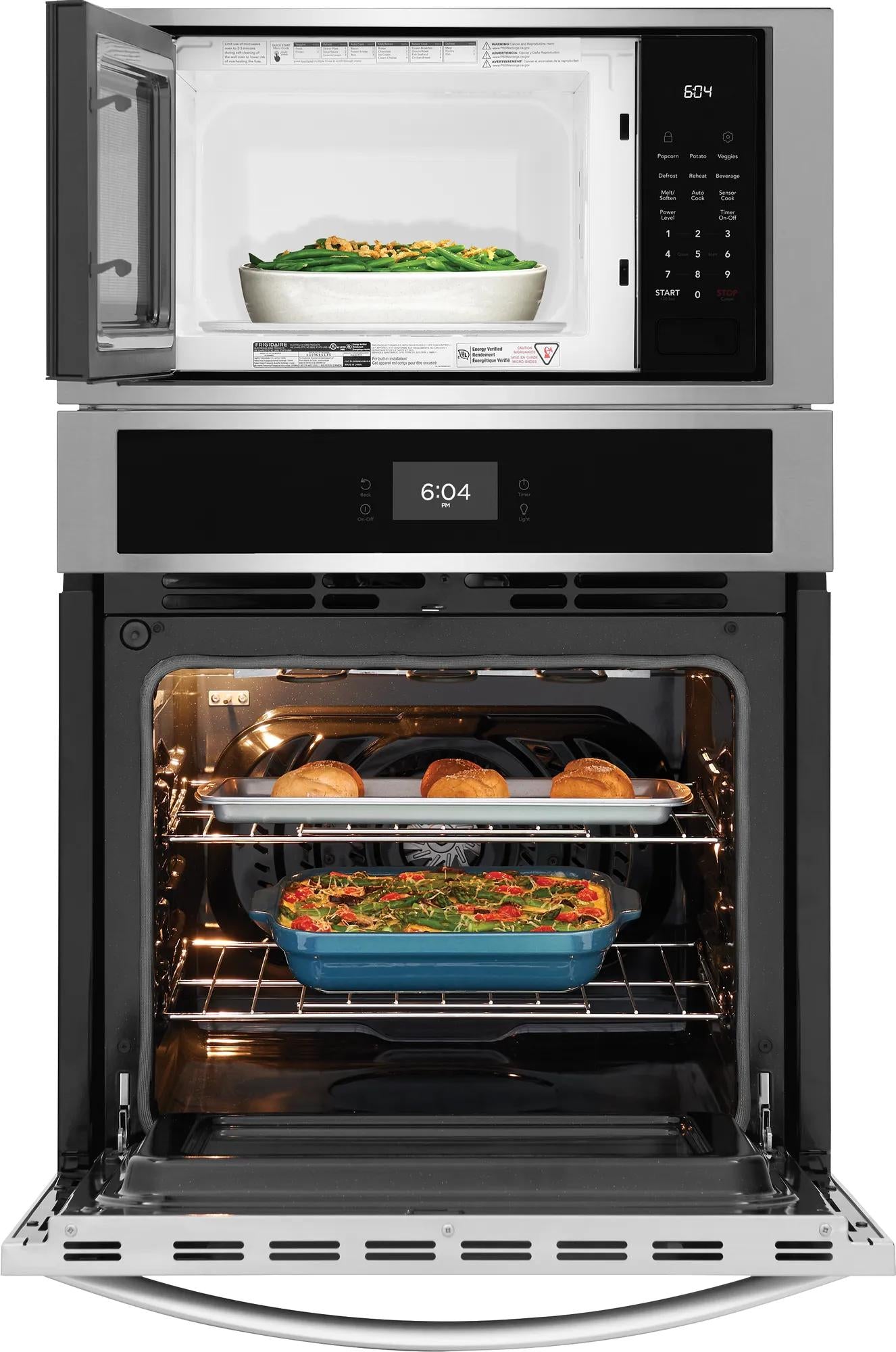 Stainless steel 27-inch wall oven and microwave combo with digital controls and open doors showing food inside