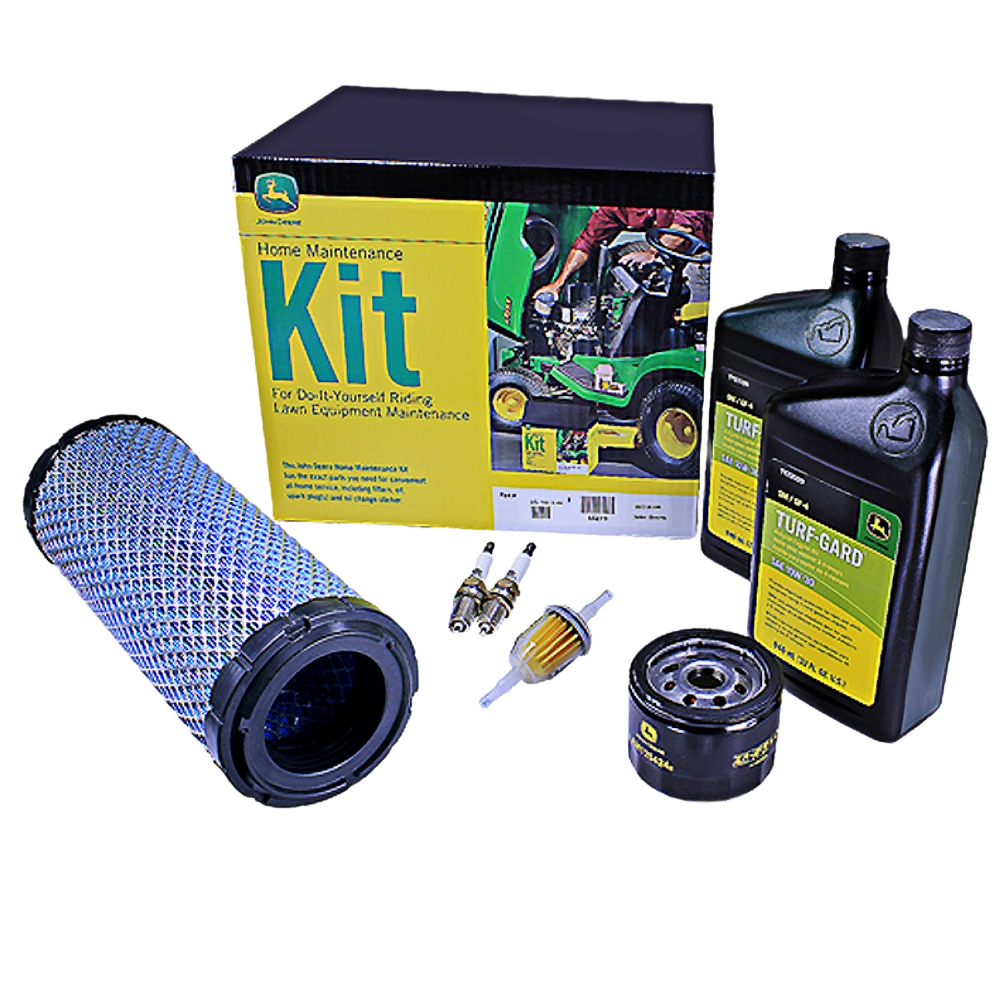 Home maintenance kit with air filter, spark plugs, fuel filter, oil filter, and two quarts of turf oil for lawn equipment upkeep