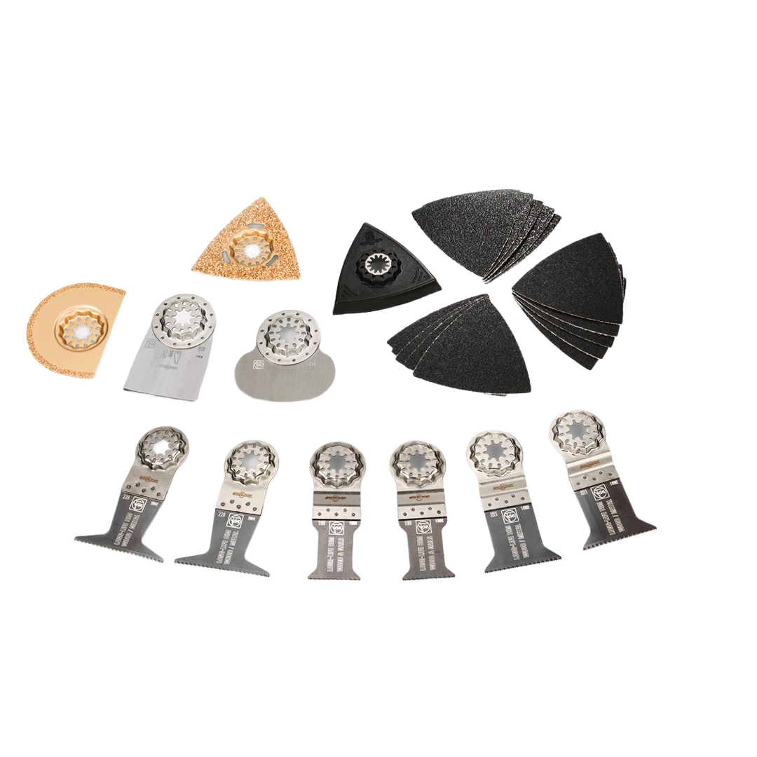 Assorted triangular and straight Starlock-compatible blades and sanding attachments for power tool and woodworking projects under 100 dollars