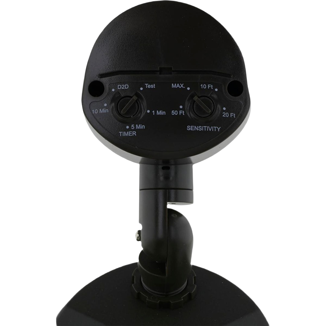 Adjustable black motion sensor control panel with timer and sensitivity dials for outdoor security lighting