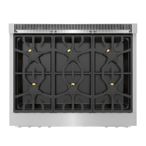 top view of stainless steel professional gas range with six star-shaped burners in kitchen appliances collection