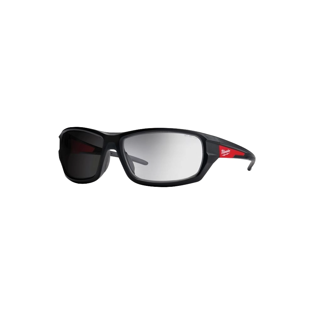 Black and red Milwaukee safety glasses with anti-scratch lenses designed for tools and home improvement tasks