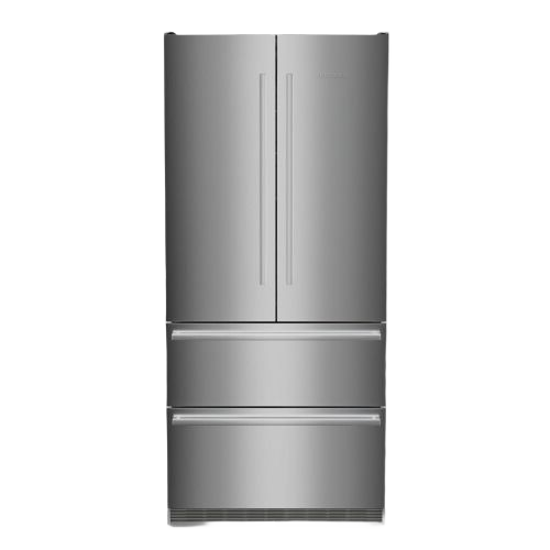 Freestanding stainless steel French door refrigerator/freezer with dual drawers and sleek vertical handles in appliances collection