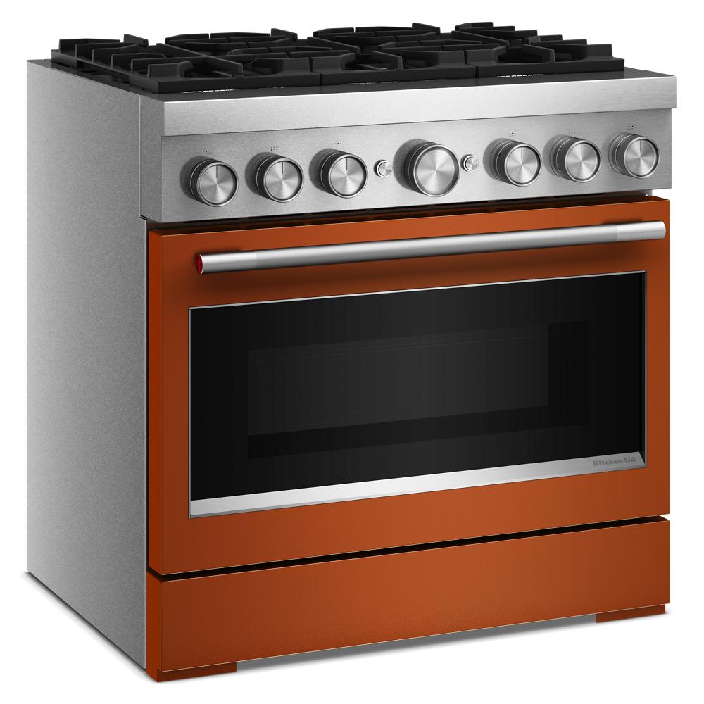 36-inch dual fuel range with six burners and burnt orange finish in KitchenAid ranges and kitchenware collection