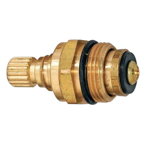 Brass faucet stem with rubber washers for repairing hot and cold water flow in plumbing and faucet parts collections
