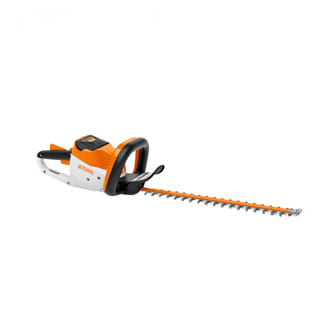 Orange and white cordless hedge trimmer with black handle and long metal cutting blade for home improvement tasks