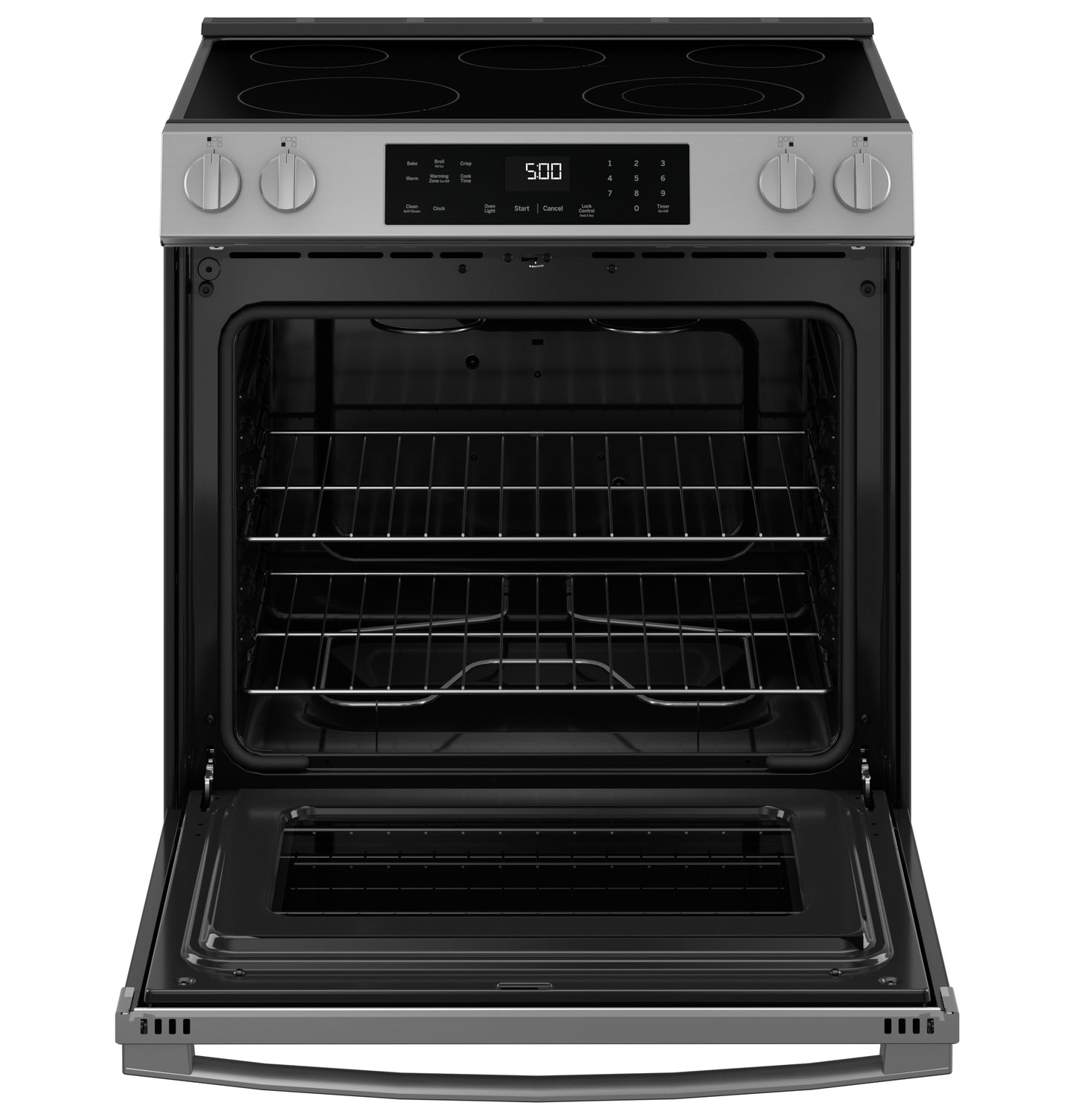 Stainless steel slide-in electric range with glass cooktop, digital controls, and open oven door in kitchen appliances collection