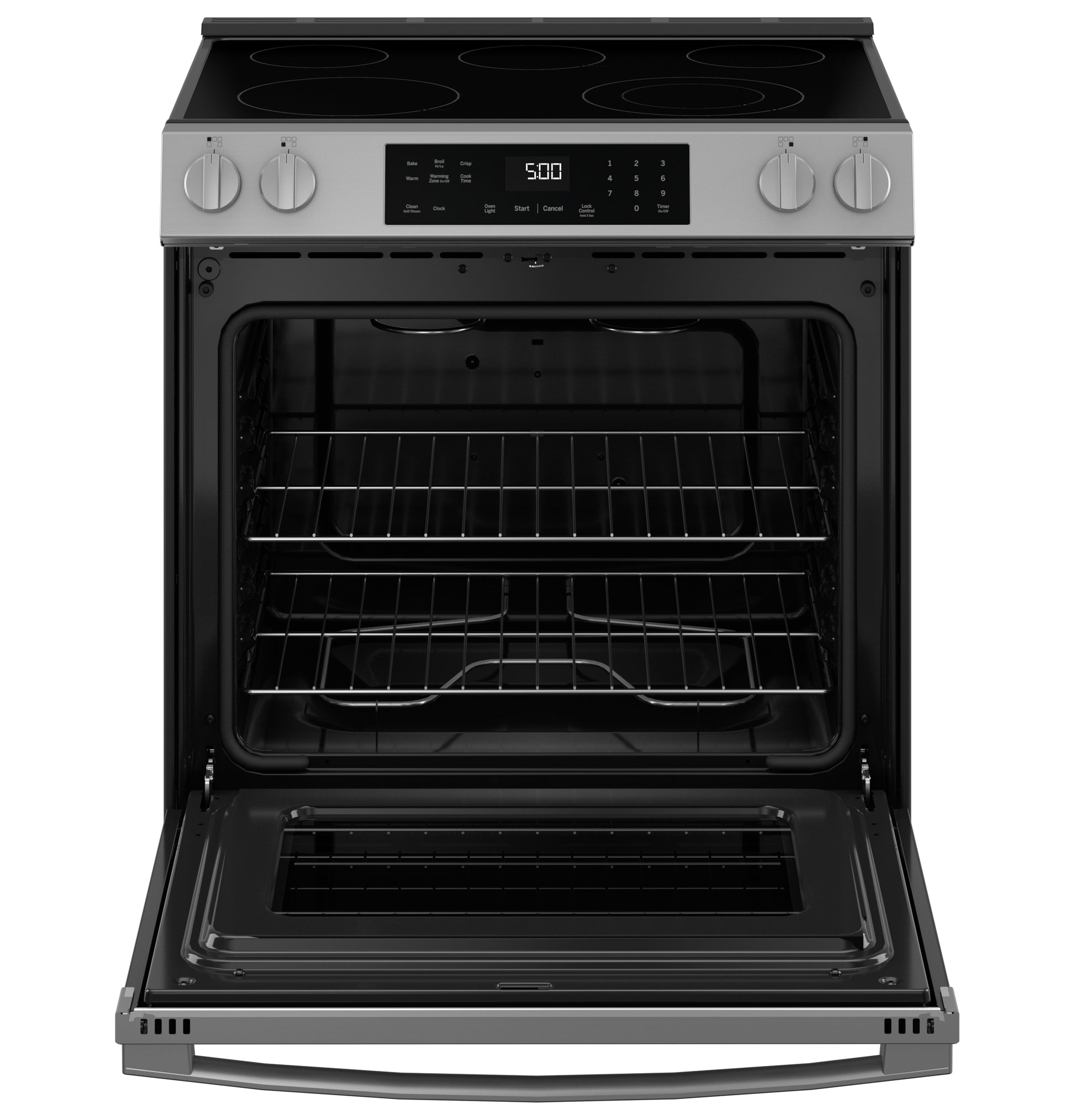 Stainless steel slide-in electric range with glass cooktop, digital controls, and open oven door in kitchen appliances collection