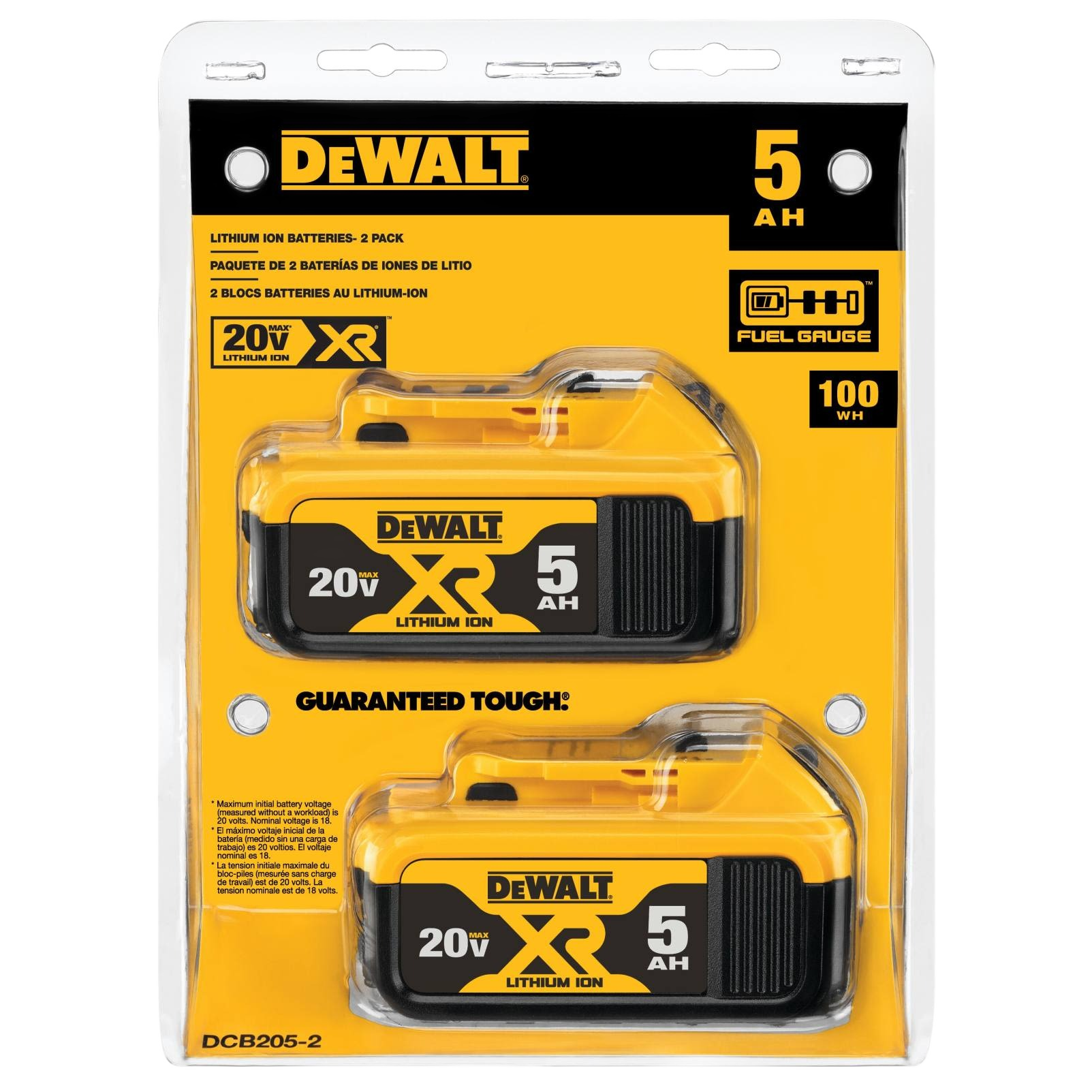 Two-pack of yellow and black 5Ah 20V lithium ion batteries for power tools and home improvement use