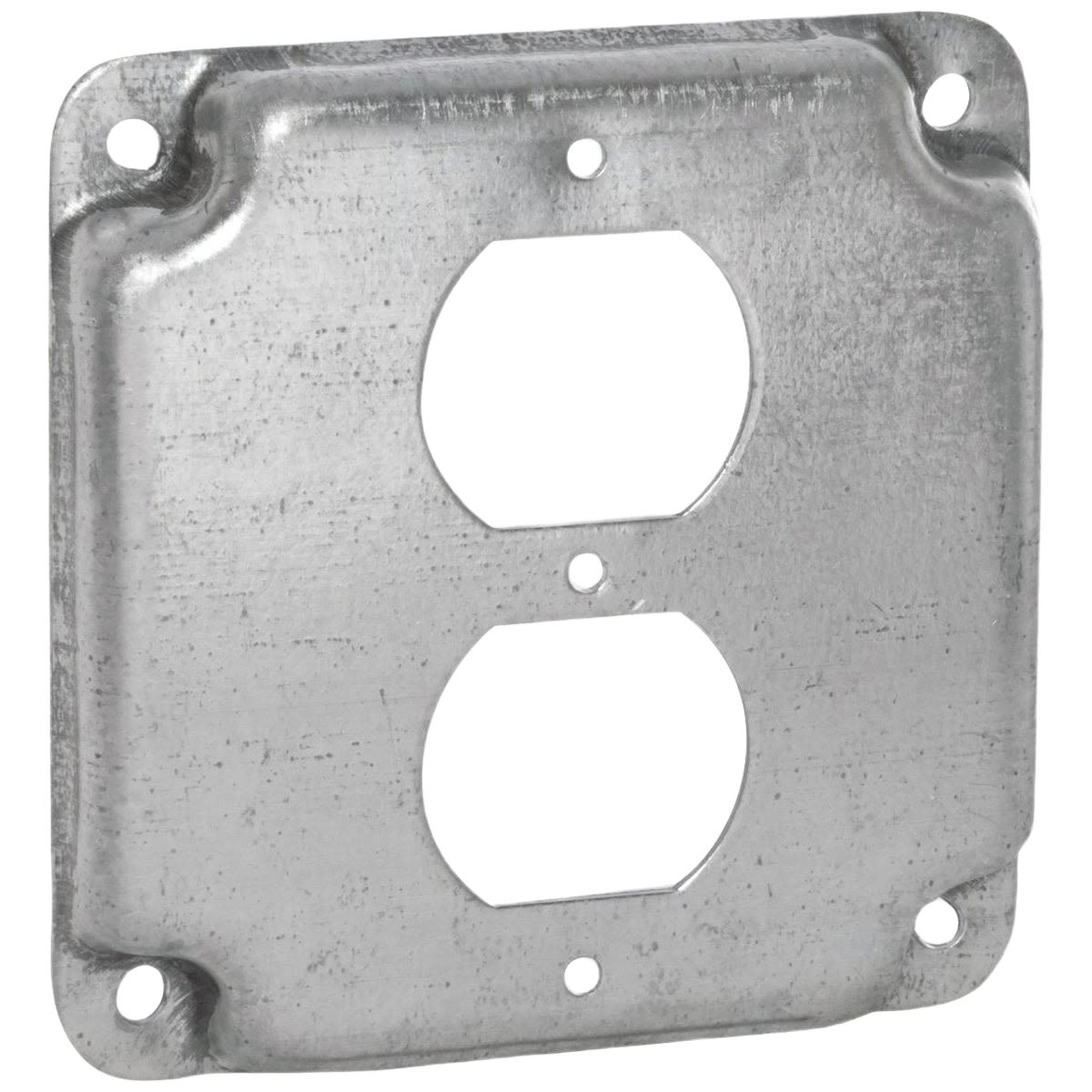 Metal duplex receptacle cover plate with square edges designed for electrical outlet protection in home improvement projects