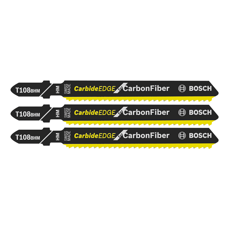 Set of three Bosch carbide edge jigsaw blades with T-shank design for woodworking and power tool accessories.