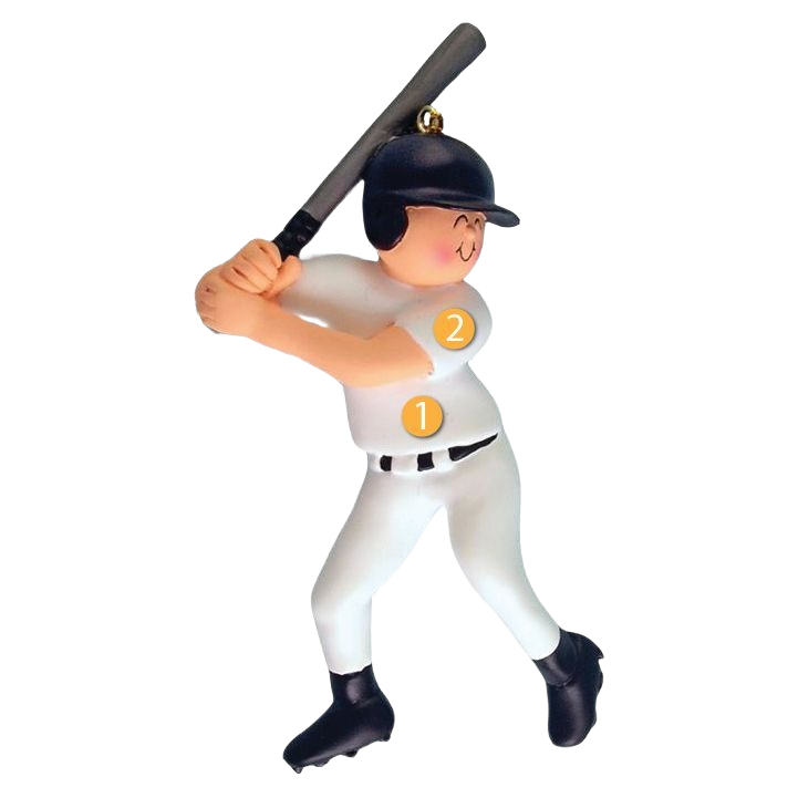 Personalized male baseball player ornament in white uniform with navy helmet for Christmas decor under $50 collection