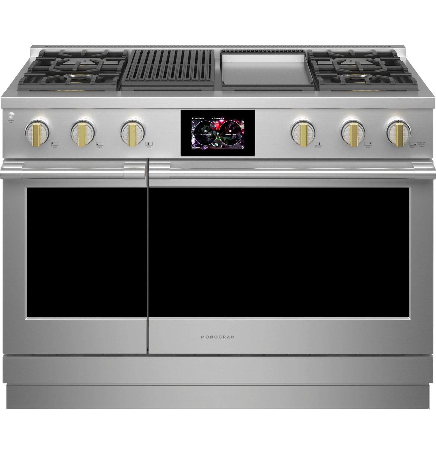 Front view of stainless steel dual-fuel range with four burners, grill, griddle, and digital display from kitchen appliances collection