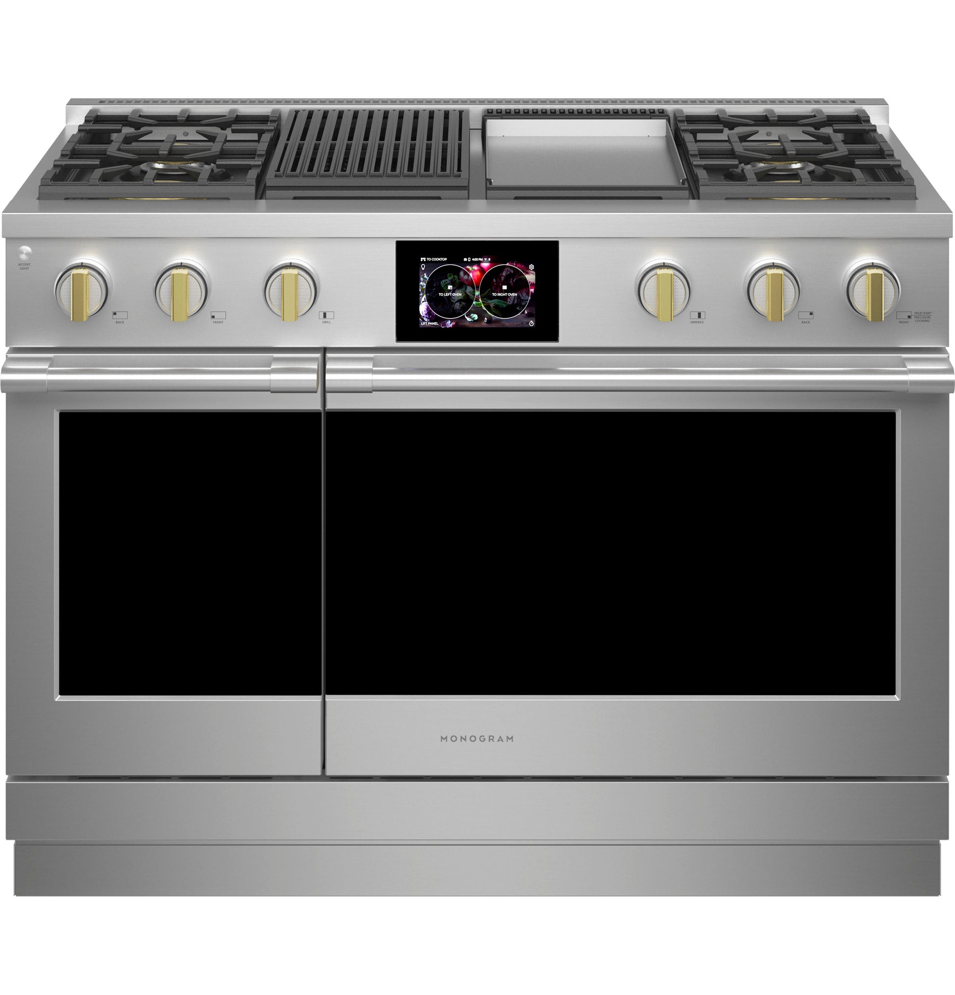 Front view of stainless steel dual-fuel range with four burners, grill, griddle, and digital display from kitchen appliances collection