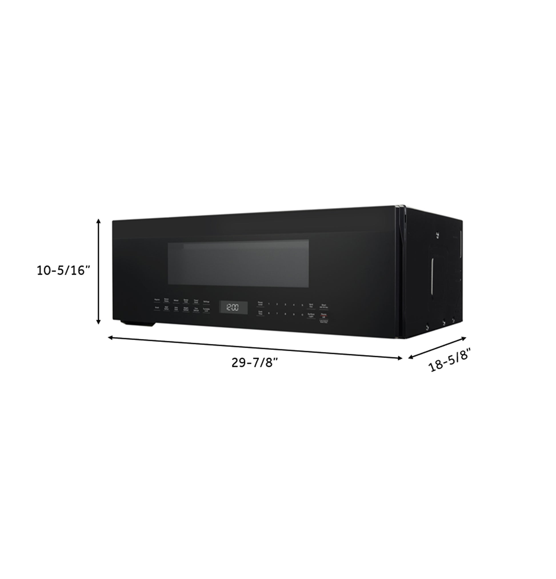 Black low-profile over-the-range microwave with digital display and sensor controls for kitchen appliances and home improvement