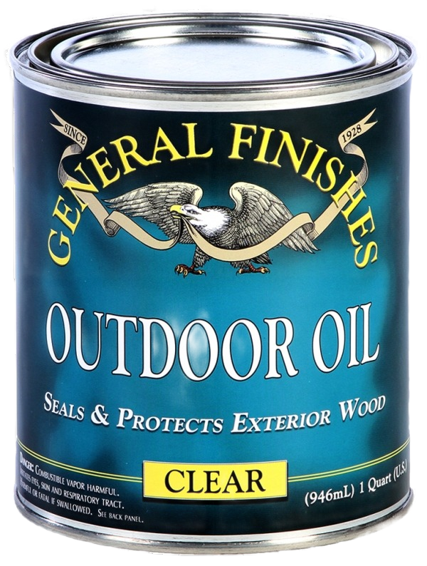 Can of clear outdoor oil for wood finishing with mildew inhibitors and UV protection in exterior stains collection