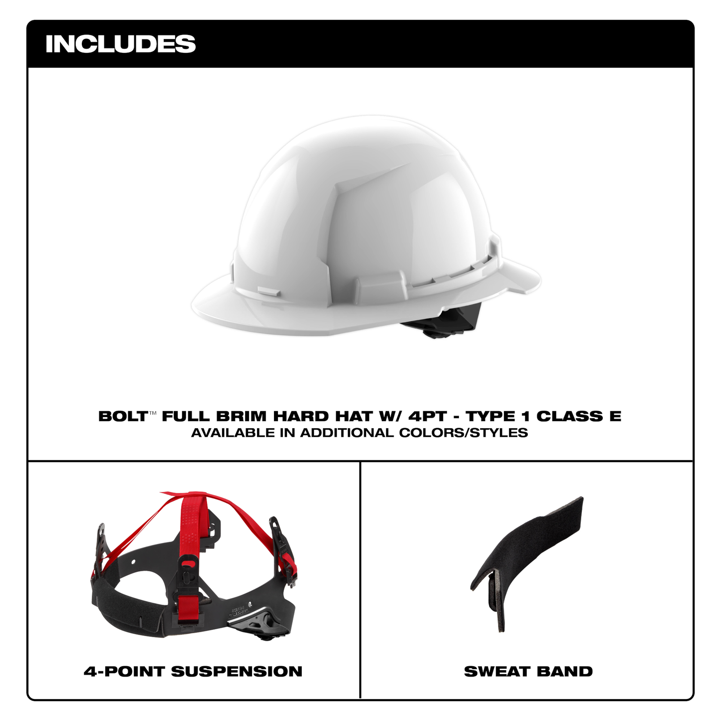 Milwaukee BOLT™ White Full Brim Hard Hat w/4pt Ratcheting Suspension (USA) - Type 1, Class E