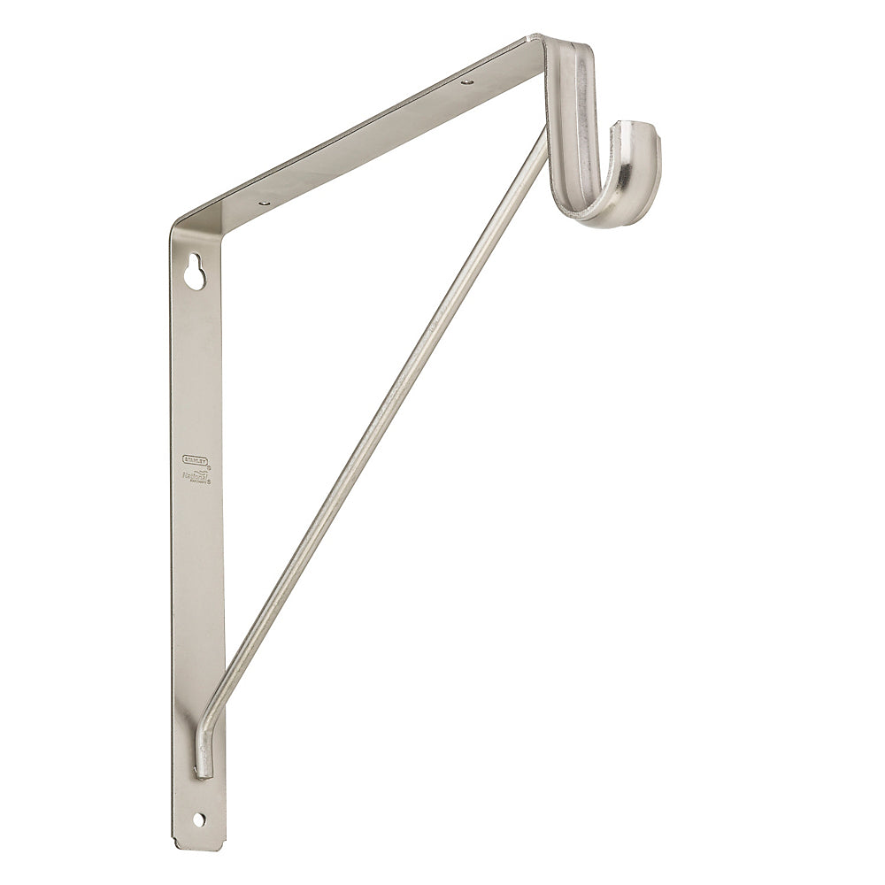 Satin nickel shelf bracket with rod support for storage and organization in shelving accessories and brackets collections