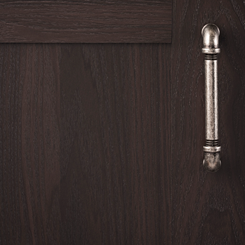 Black nickel finished pipeline-style cabinet pull on dark wood furniture for hardware and home improvement