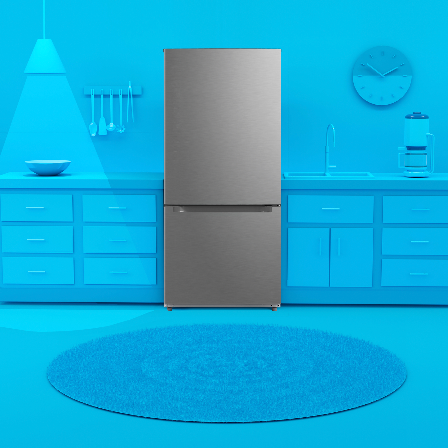 Stainless steel bottom freezer refrigerator in modern blue kitchen setting for kitchen and appliance collections