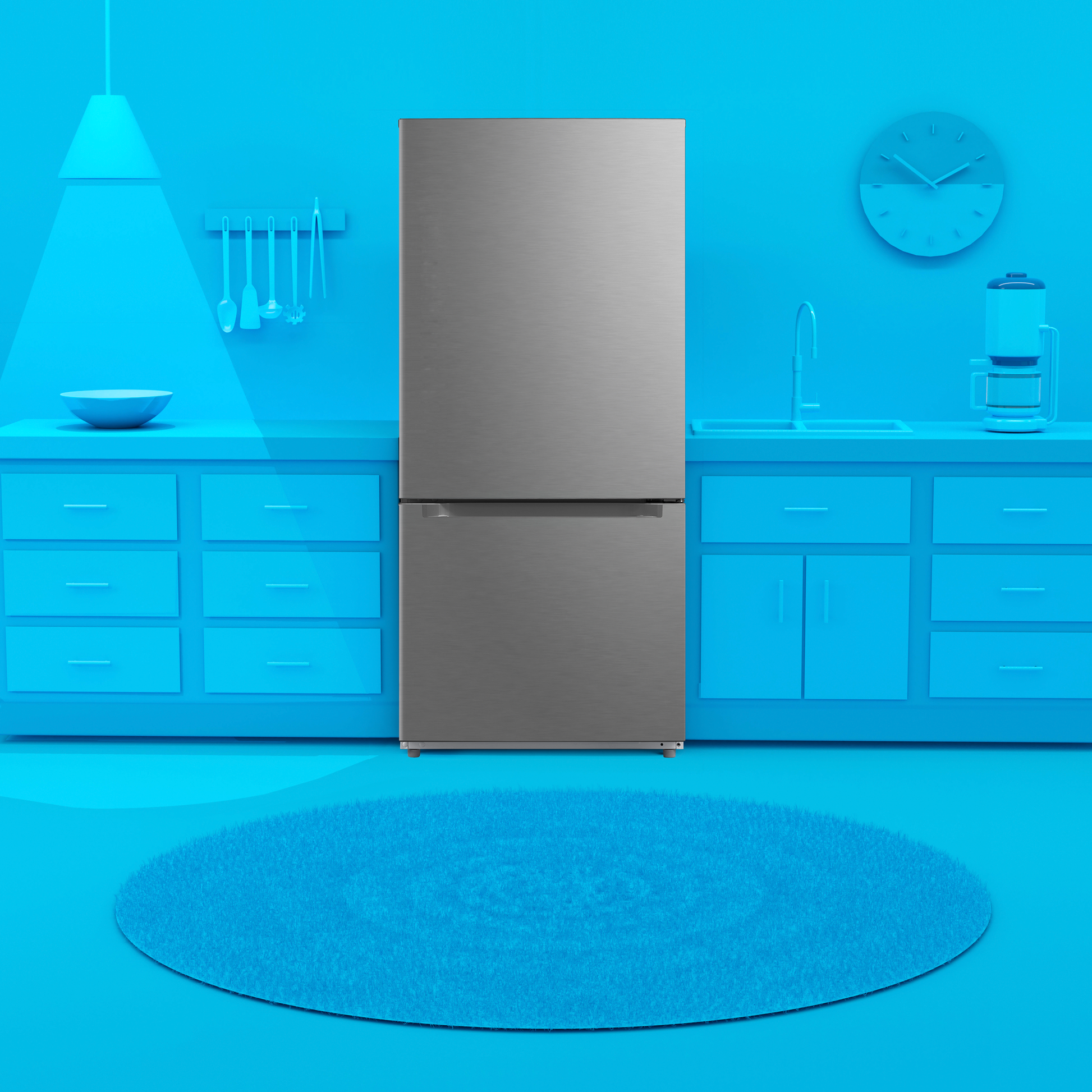 Stainless steel bottom freezer refrigerator in modern blue kitchen setting for kitchen and appliance collections