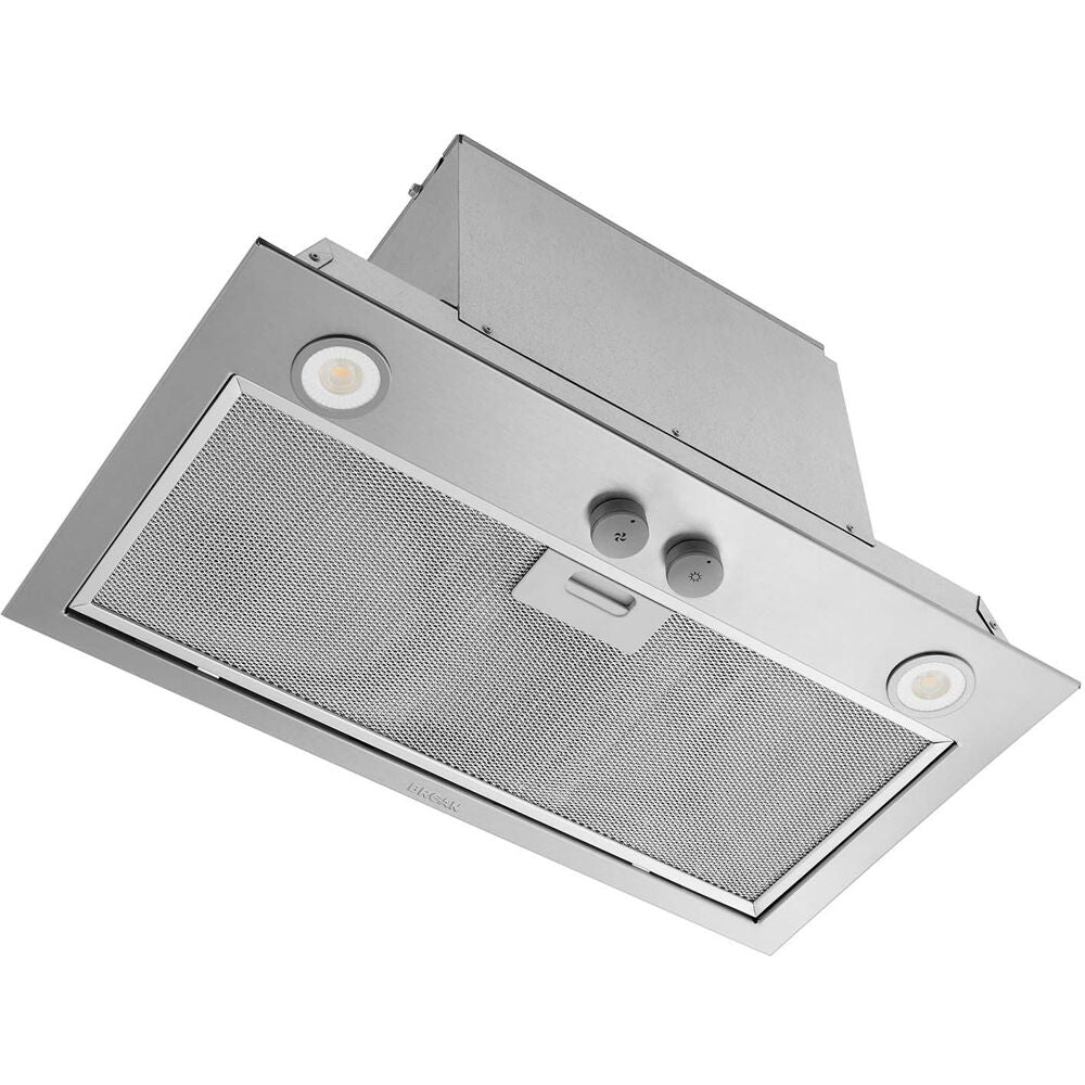 Stainless steel custom range hood insert with mesh filter and built-in lighting for kitchen and home improvement.