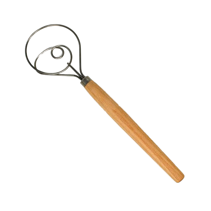 Handheld kitchen whisk with wooden handle and metal loops for mixing dough, part of kitchen gadgets under $50 collection