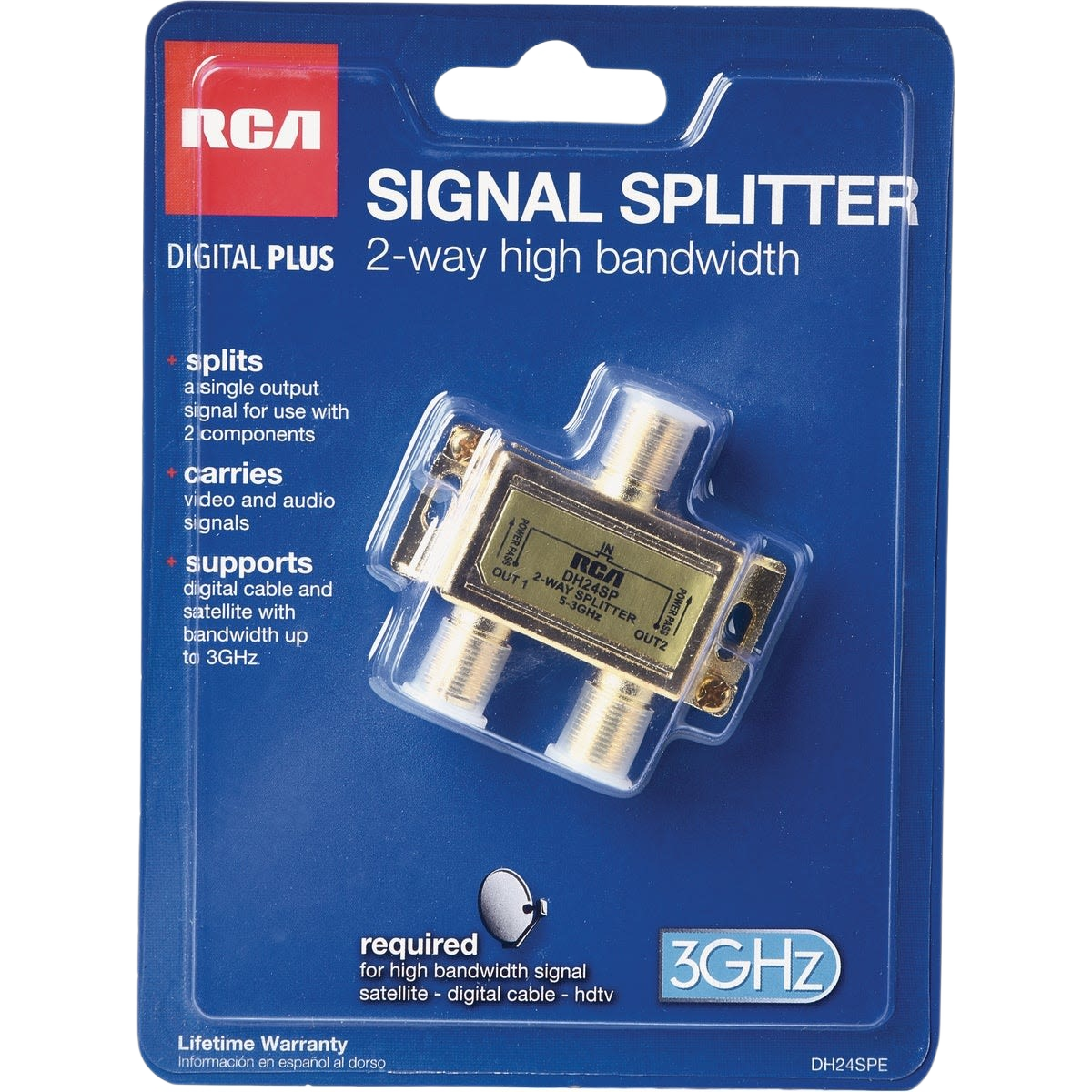 Metallic 2-way coaxial signal splitter in sealed blue packaging for tools and home improvement use