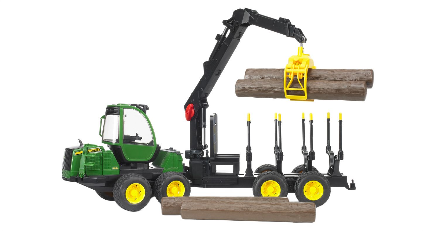 Green and yellow Bruder John Deere 1210E forwarder toy lifting wooden logs with articulated crane arm for home improvement play