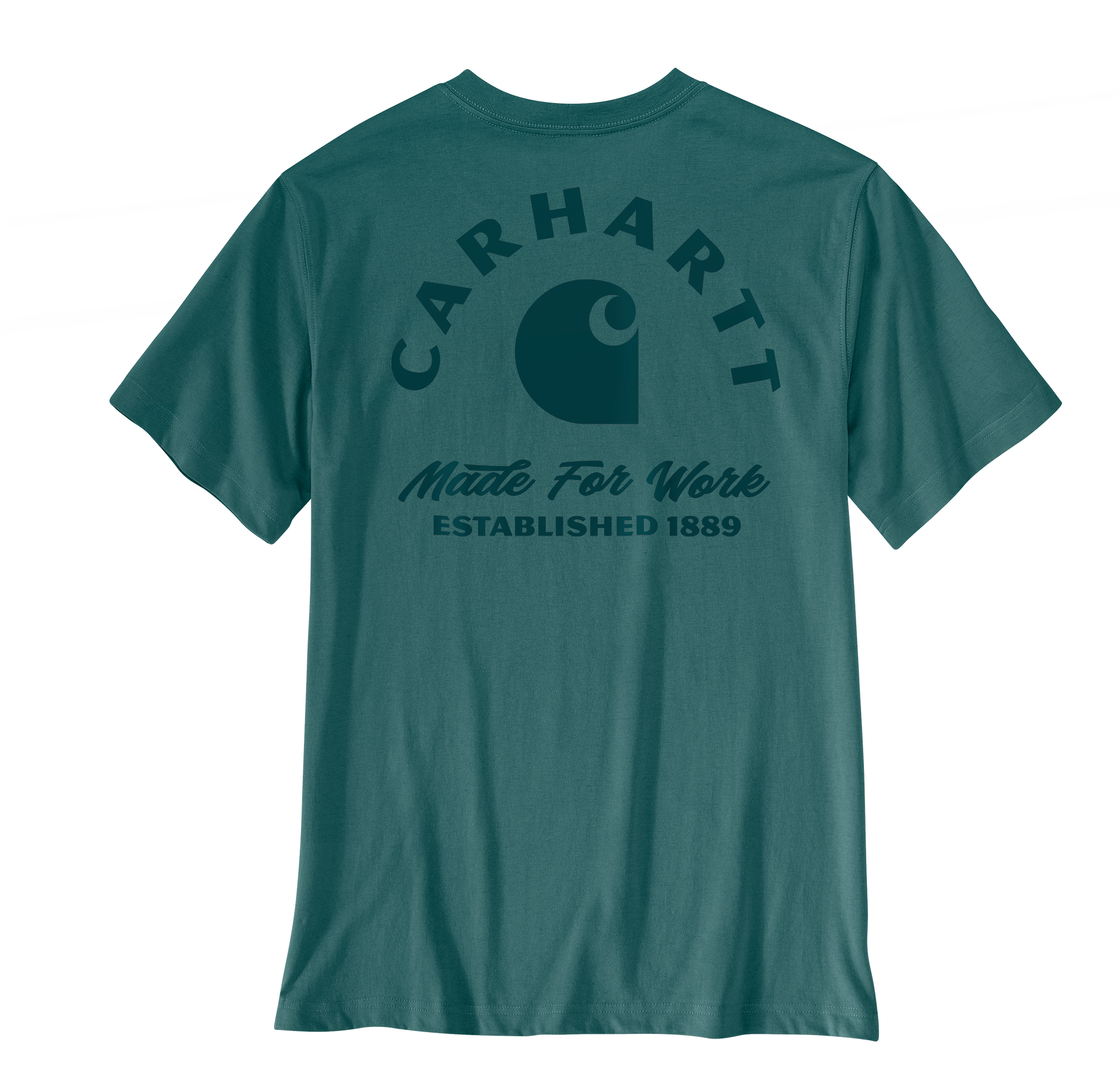 Teal relaxed fit men's work t-shirt made from cotton-poly blend featuring a large Carhartt logo and "Made For Work Established 1889" graphic on the back