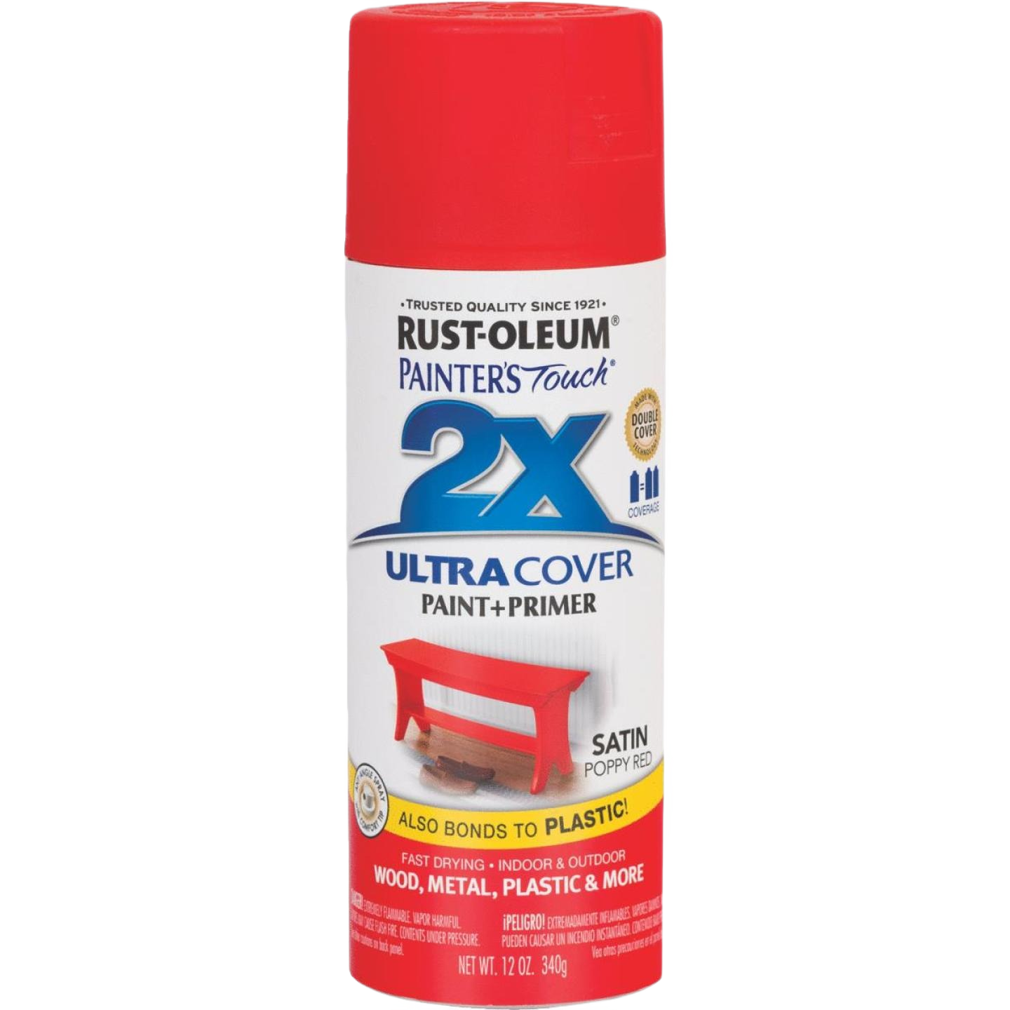 Red satin spray paint can with primer for wood, metal, plastic in home improvement and paint supplies under $50 category