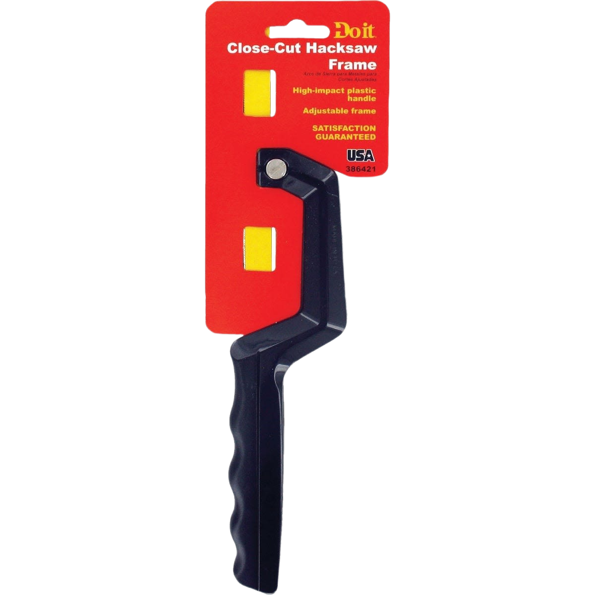 Black mini hacksaw frame with adjustable design and high-impact plastic handle for home improvement tasks