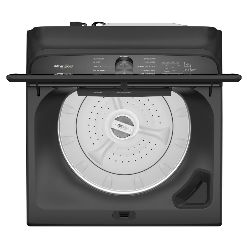 Top load washer in black with removable agitator and control panel, designed for home improvement laundry tasks