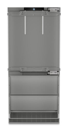 Built-in stainless steel refrigerator and freezer unit with a right hinge and modern ventilation grille in Appliances collection