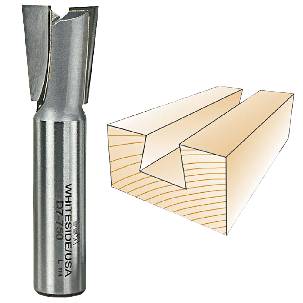 Carbide-tipped dovetail router bit with Wood joint sample for woodworking in Tool Accessories under $50