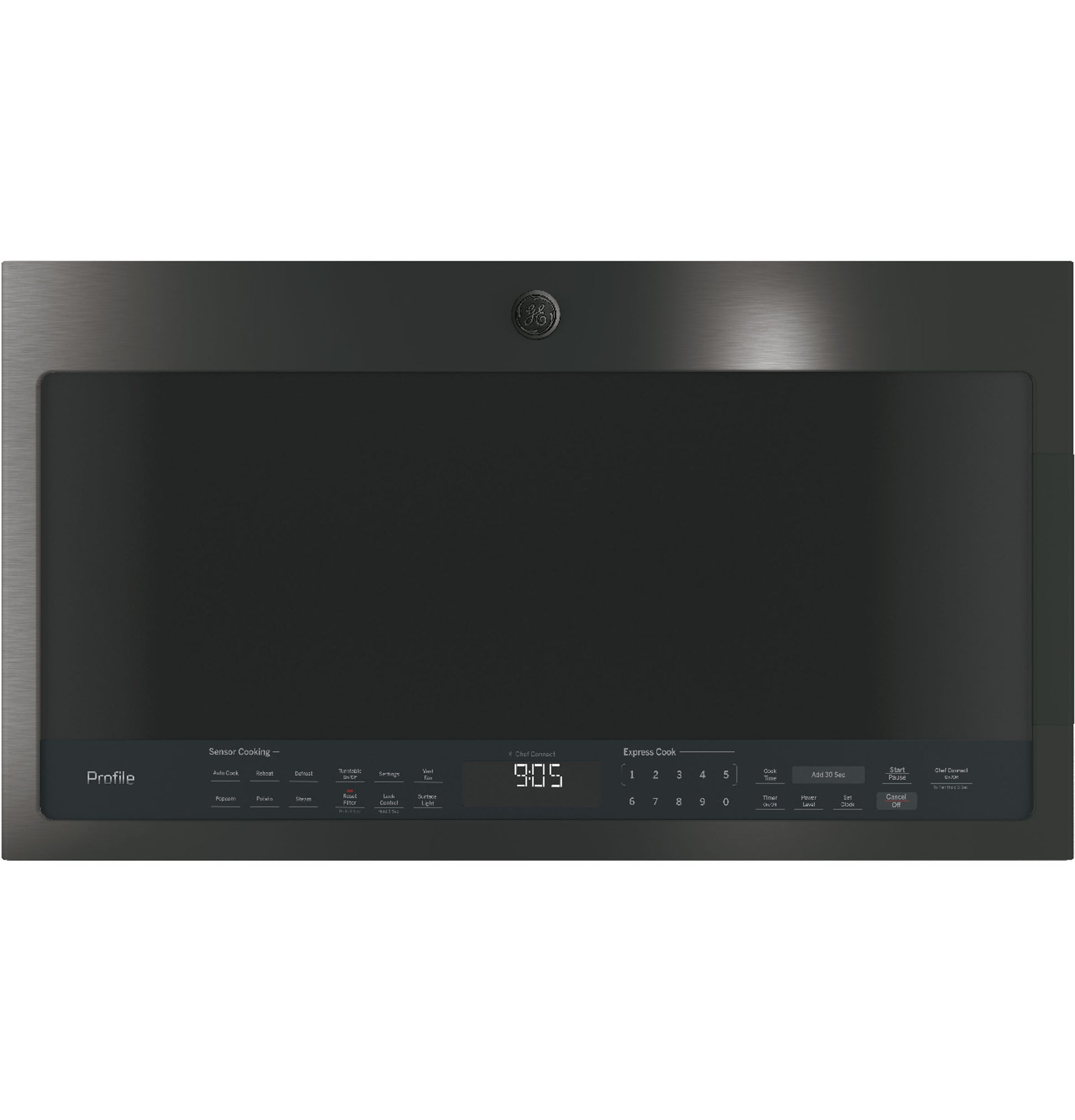 Black stainless steel over-the-range sensor microwave with digital clock and touch controls in kitchen appliances collections