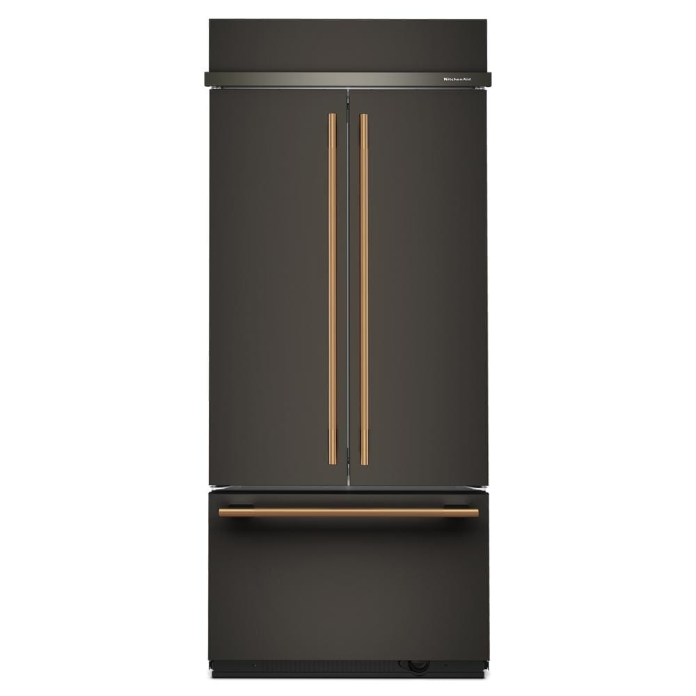 Built-in French door bottom mount refrigerator with dark finish and bronze vertical handles in KitchenAid appliances collection