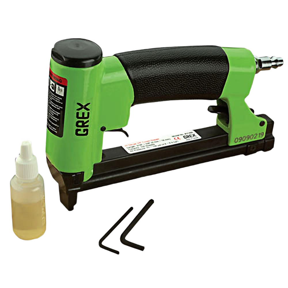 Grex 3/8 in. to 5/8 in. 20-Gauge Crown Stapler in green and black with oil bottle and hex keys for home improvement tools