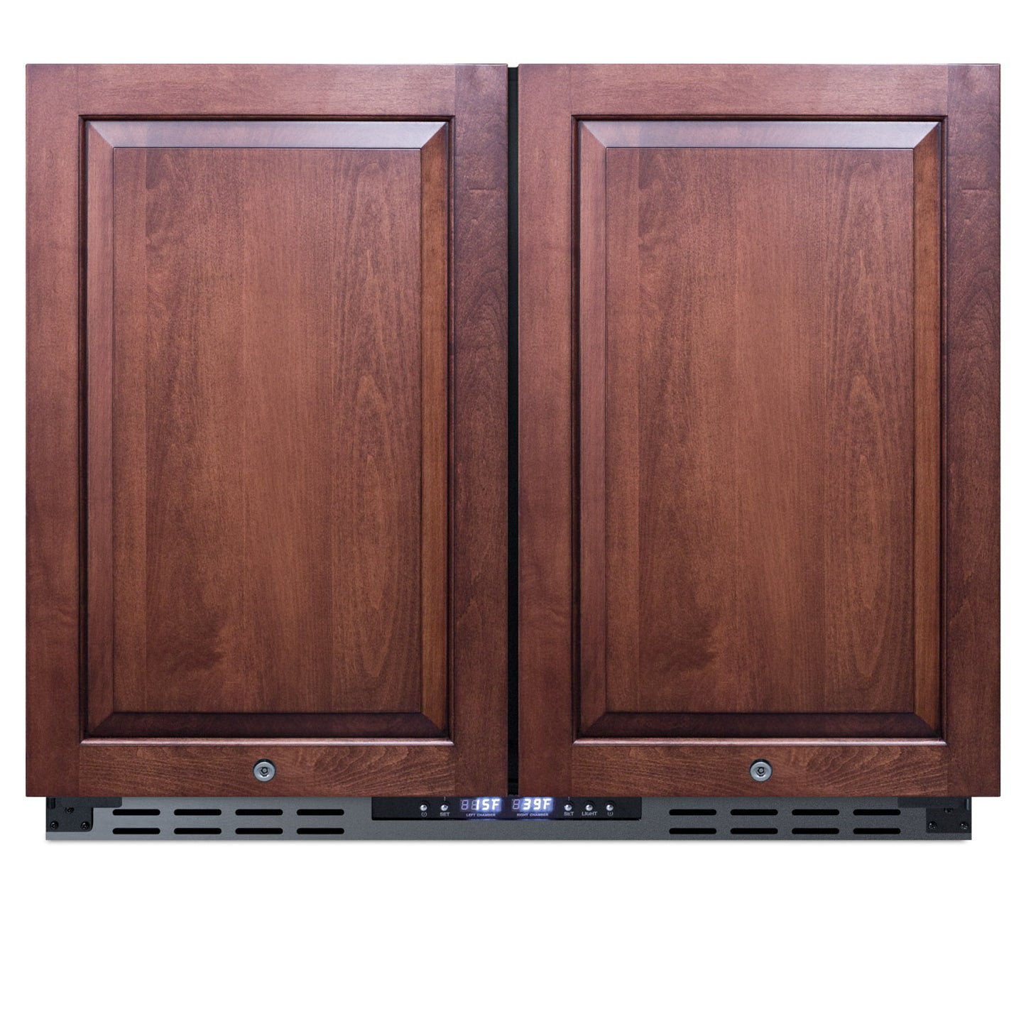 Built-in under counter refrigerator-freezer with wood panel doors and digital temperature display in kitchen appliances setting