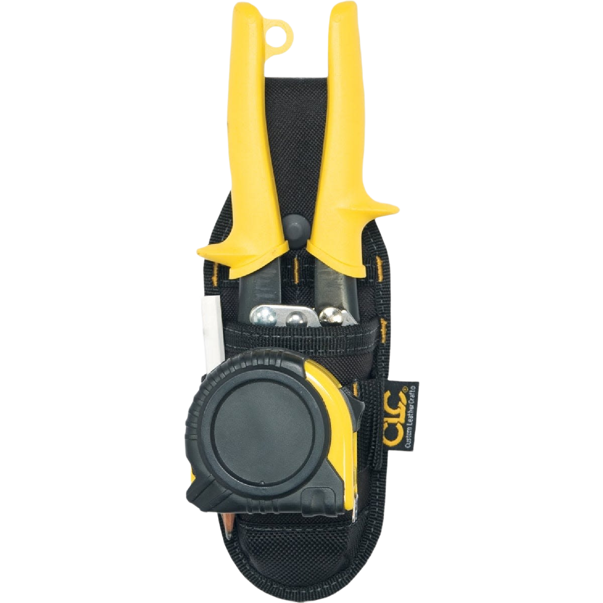 Black and yellow polyester tool pouch holding pliers and a tape measure for workshop organization and tool storage under $50 collections